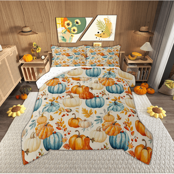 Manfei Farmhouse Pumpkin Child Bedding Comforter Set, Happy Autumn Harvest Twin Comforter Sets, Maple Leaf Reversible Bedding Set, Breathable Home Decor, 2pcs