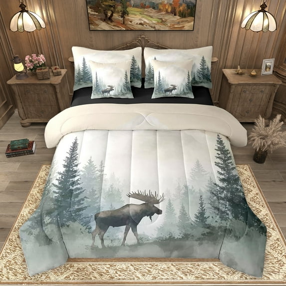 Homewish Farmhouse Reindeer Moose Bedding Comforter Set 7 Pieces, Woodland Wildlife Animal Full Bedding Set, Watercolor Art Reversible Fitted Sheet Flat Sheet, Ultra Soft Bedroom Decor