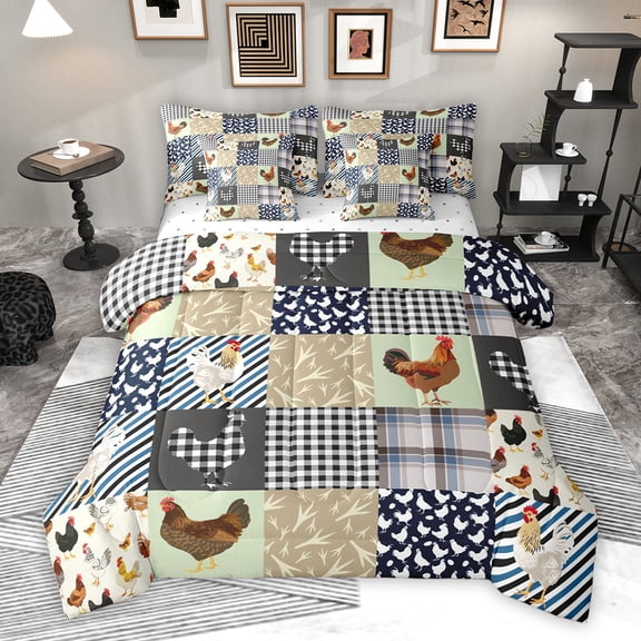 Homewish Farmhouse Rooster Child Bedding Comforter Set 7pcs, Kawaii farm Animal King Bedding Sets, Vintage Rustic Patchwork Reversible Bed Sheets, Lightweight Room Decor