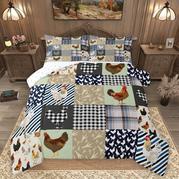 Homewish Farmhouse Rooster Child Bedding Comforter Set, Kawaii farm Animal Twin Comforter Sets, Vintage Rustic Patchwork Reversible Bedding Set, Lightweight Room Decor, 2 Pieces