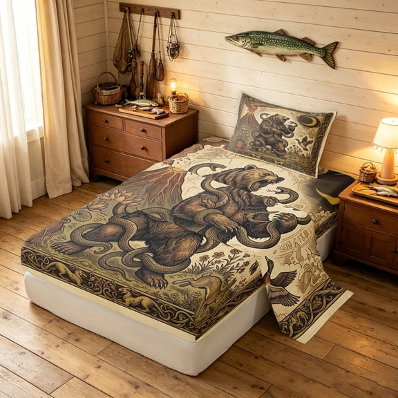 Manfei Farmhouse Style Bear Twin Sheets, Mid Century Animal Bedding, Brown, 3-Piece, 1 Flat Sheet, 1 Fitted Sheet and 1 Pillowcase