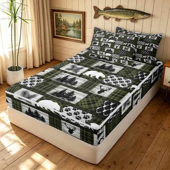 Manfei Farmhouse Style Bear Zipper Twin Comforter Sets with Fitted Sheet and 2 Pillowcases, Vintage Buffalo Plaid Zipper Bedding Set, Dark Green, Black Reversible, 4pcs