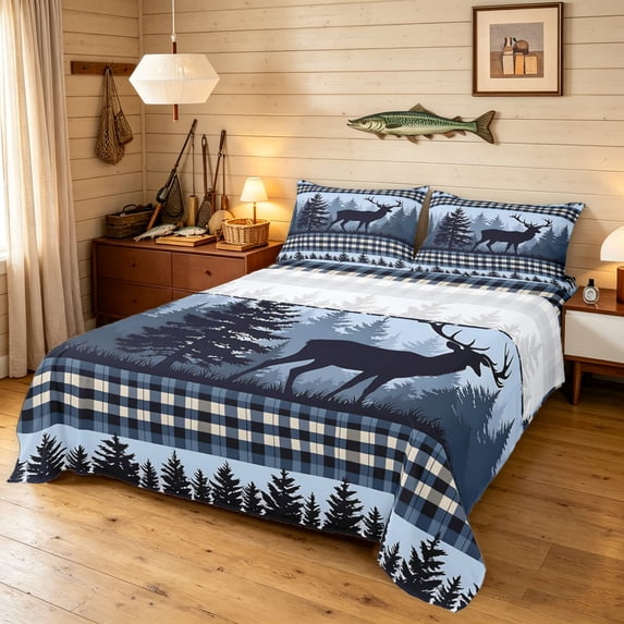Manfei Farmhouse Style Elk Bed Sheets, Countryside Pine Tree Full Size Sheets, Navy Black, 4-Piece, 1 Flat Sheet, 1 Fitted Sheet and 2 Pillowcases