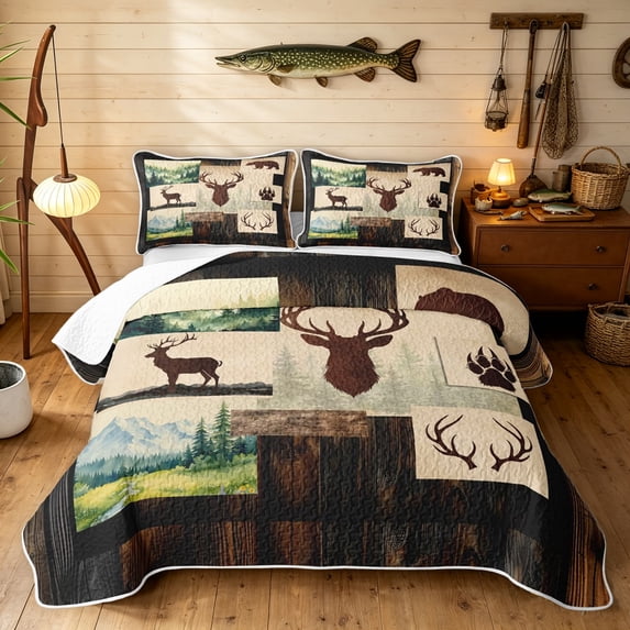 Manfei Farmhouse Style Elk Twin Quilt Set, Rustic Wildlife Twin Coverlet Set, Dark Brown Peach, Black Reversible, 2 Pieces, 1 Bedspread and 1 Pillowcase