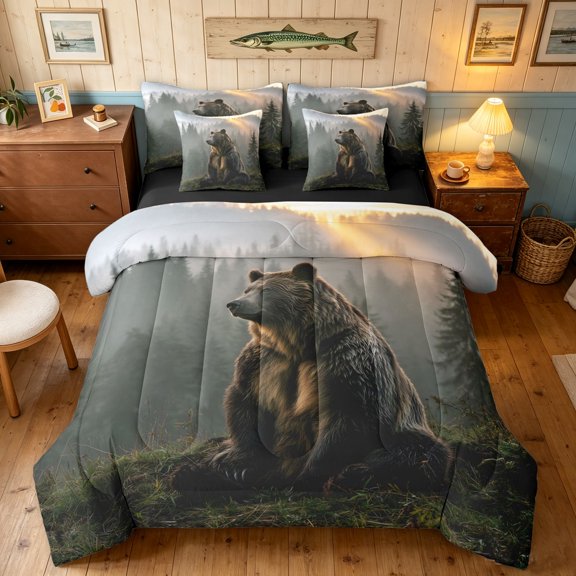 Manfei Farmhouse Style Grizzly Bear Full Size Bedding Sets, Forest Landscape Full Size Bed in a Bag, Cream Gray, Black Reversible, 7-Piece