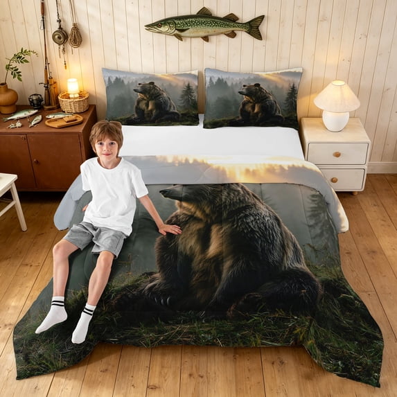 Manfei Farmhouse Style Grizzly Bear King Size Comforter Sets, Forest Landscape Comforters King Size, Cream Gray, Black Reversible, 3-Piece, 1 Comforter and 2 Pillowcases
