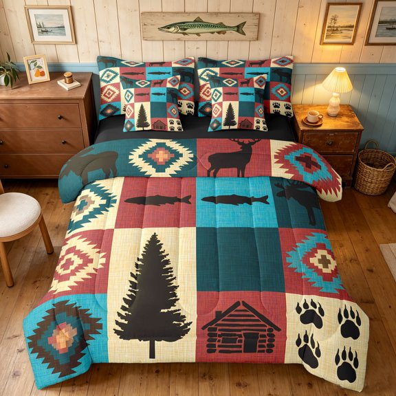 Manfei Farmhouse Style Moose Full Size Bedding Sets, Vintage Aztec Abstract Full Size Bed in a Bag, Teal Tan, Black Reversible, 7pcs
