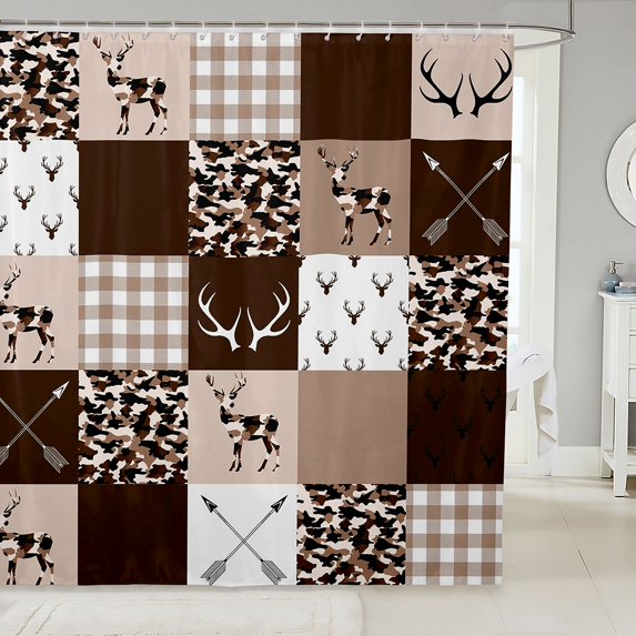 Manfei Farmhouse Style Moose Shower Curtain 72Wx72L, Rustic Camouflage Bathroom Curtain, White Dark Brown