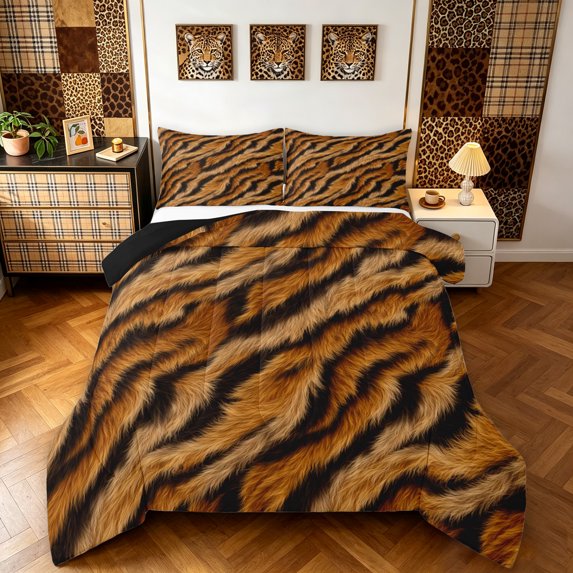 Manfei Farmhouse Tiger Print Full Size Comforter Sets, Minimalism Animal Bedding Comforter Set, Orange Dark Brown, Black Reversible, 3-Piece, 1 Comforter and 2 Pillowcases