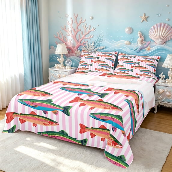 Manfei Farmhouse Trout Bed Sheets, Abstract Stripe Full Size Sheets, Pink White Orange, 4-Piece, 1 Flat Sheet, 1 Fitted Sheet and 2 Pillowcases