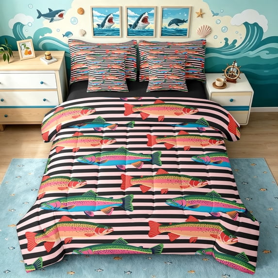 Manfei Farmhouse Trout Queen Bedding, Stripe Lines Bedding Comforter Set Queen, Black Pink Orange, Black Reversible, 7 Pieces