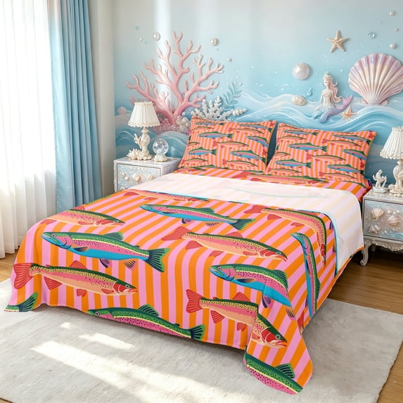 Manfei Farmhouse Trout Queen Sheets, Simple Lines Stripe Queen Sheet Sets, Pink Orange, 4 Pieces, 1 Flat Sheet, 1 Fitted Sheet and 2 Pillowcases