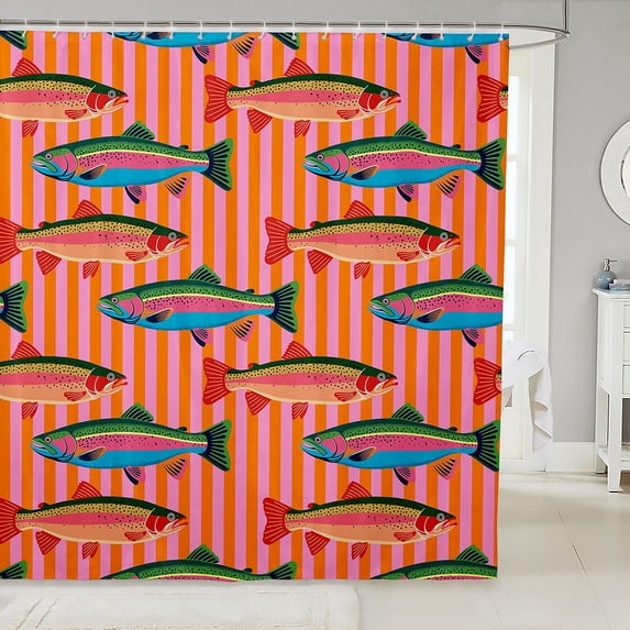 Manfei Farmhouse Trout Shower Curtain 72Wx84L, Simple Lines Stripe Bathroom Shower Curtain, Pink Orange