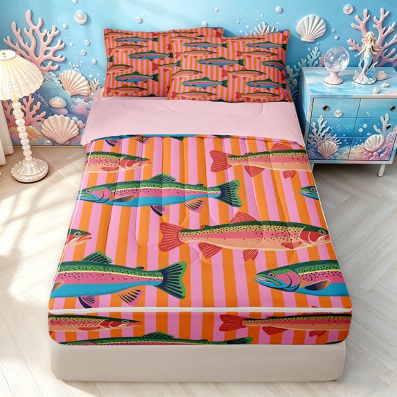 Manfei Farmhouse Trout Zipper Full Size Comforter Sets with Fitted Sheet and 2 Pillowcases, Simple Lines Stripe Zipper Bedding Set, Pink Orange, Pink Reversible, 4 Pieces