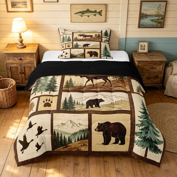 Manfei Farmhouse Widlife Twin Comforter Sets, Countryside Moose Duck Bedding Set, Tan Peach, Black Reversible, 2pcs, 1 Comforter and 1 Pillowcase