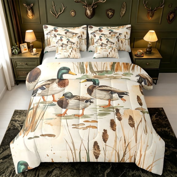 Manfei Farmhouse Wild Duck 7 Pieces Full Size Bedding Sets,Rustic Cabin Full Size Bed in a Bag,Light Gray Reversible