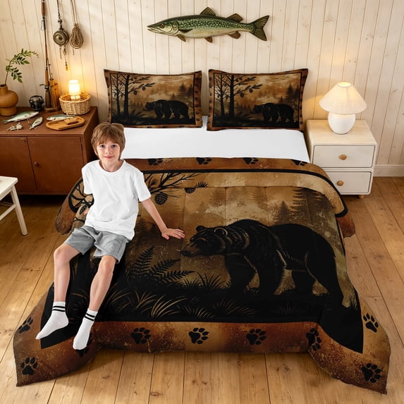 Manfei Farmhouse Wildlife Full Size Comforter Sets, Tribal Jungle Bear Bedding Comforter Set, Dark Brown Black, Black Reversible, 3-Piece, 1 Comforter and 2 Pillowcases