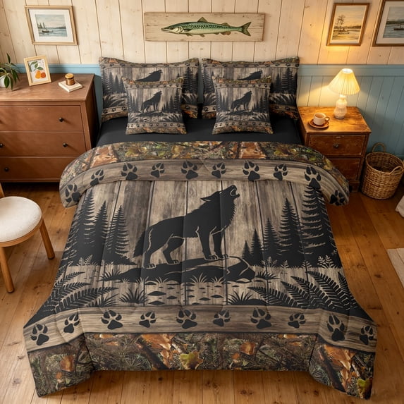 Manfei Farmhouse Wolf Full Size Bedding Sets, Folk Lodge Cabin Full Size Bed in a Bag, Dark Brown Black, Black Reversible, 7-Piece