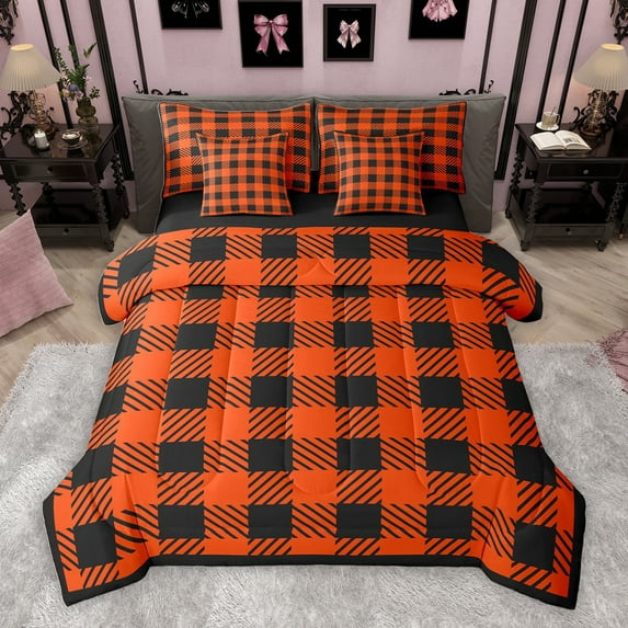 Homewish Fashion Abstract Adult Bedding Comforter Set 7pcs, Square Patchwork King Bedding Sets, Vintage Black Chocolate Buffalo Reversible Bed Sheets, Breathable Home Decor