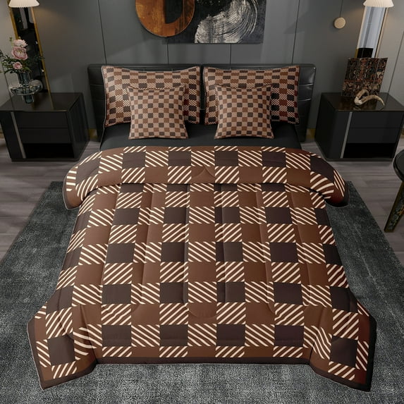 Homewish Fashion Abstract Adult Bedding Comforter Set 7pcs, Square Patchwork King Bedding Sets, Vintage Brown Buffalo Reversible Bed Sheets, Lightweight Room Decor