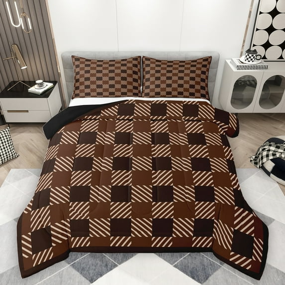 Homewish Fashion Abstract Adult Bedding Comforter Set, Square Patchwork Twin Comforter Sets, Vintage Brown Buffalo Reversible Bedding Set, Lightweight Room Decor, 2-Piece