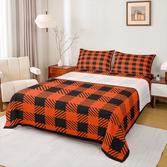Homewish Fashion Abstract Kid Queen Sheet Sets, Patchwork Buffalo Bedding, 4pcs