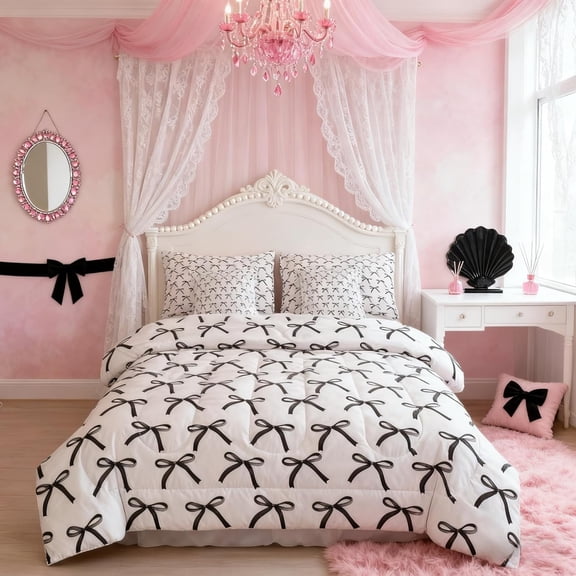 Manfei Fashion Black Bow Bedding Comforter Set 7 Pieces, Princess Style Full Bedding Set