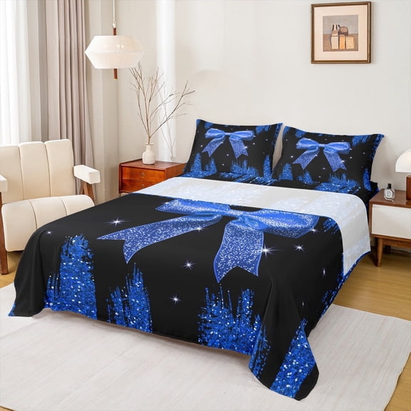 Feelyou Fashion Blue Bow Full Size Sheets, Sequin Print Bed Sheets, Princess Style Sheet Sets, Ultra Soft Room Decoration, 4-Piece