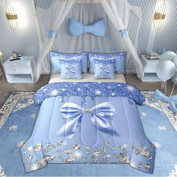 Feelyou Fashion Blue Bow Twin Bedding Sets 7-Piece, Sequin Print Bedding Comforter Set, Princess Style Sheet Sets, Microfiber Room Decoration
