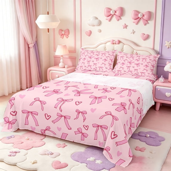 Manfei Fashion Bow Knot King Sheets,Pink Bowtie Heart Print Bedding,4 Pieces,1 Flat Sheet,1 Fitted Sheet and 2 Pillowcases