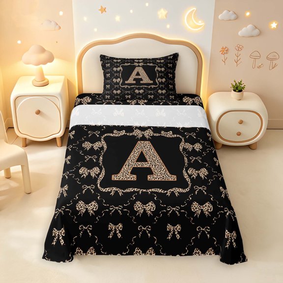 Manfei Fashion Bow Monogrammed A Twin Sheets,Glitter Bowtie Bedding,Black Brown,3 Pieces,1 Flat Sheet,1 Fitted Sheet and 1 Pillowcase
