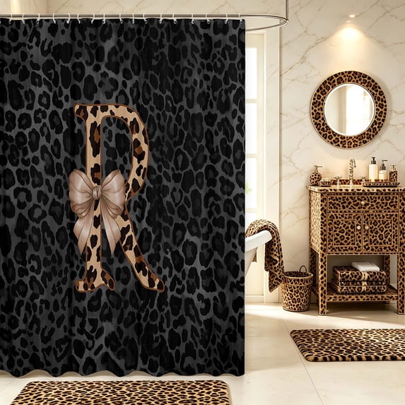 Manfei Fashion Bow Monogrammed R Shower Curtain 72Wx72L,Cute Bowknot Bathroom Curtain,Black Brown