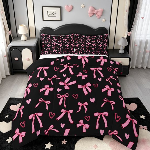 Manfei Fashion Bow Ribbon King Size Comforter Sets,Pink Loves Pattern Comforters King Size,Black Reversible,3-Piece,1 Comforter and 2 Pillowcases