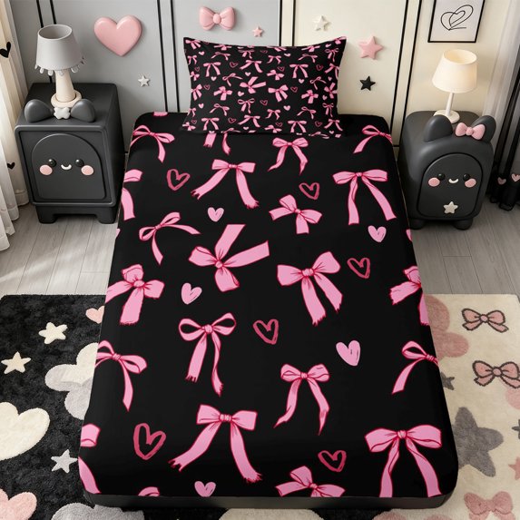 Manfei Fashion Bow Ribbon Twin Fitted Sheet,Pink Loves Pattern Bedding,2-Piece,1 Fitted Sheet and 1 Pillowcase