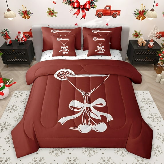 Homewish Fashion Bowknot Cup Bedding Comforter Set 7 Pieces, Kawaii Cherry Full Bedding Set, Maroon Cartoon Theme Reversible Fitted Sheet Flat Sheet, Lightweight Room Decor