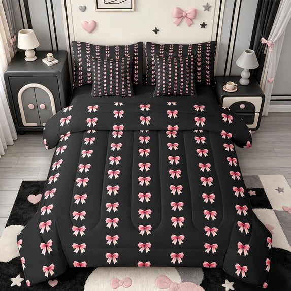 Manfei Fashion Bowtie Ribbon 7 Pieces Full Size Bedding Sets,Cartoon Cute Bow Full Size Bed in a Bag,Black Reversible