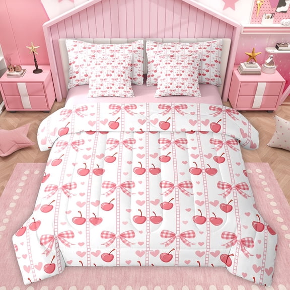 Manfei Fashion Buffalo Bow-tie Bedding Comforter Set 7pcs for Kid, Pink Stripes Lines Queen Bedding Sets, Cartoon Cherry Reversible Queen Sheet Sets, Microfiber Bedroom Decor