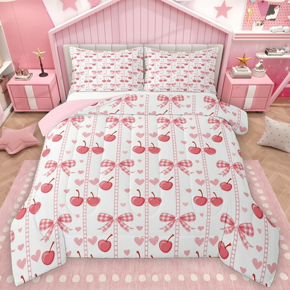 Manfei Fashion Buffalo Bow-tie Bedding Comforter Set for Kid, Pink Stripes Lines Twin Comforter Sets, Cartoon Cherry Reversible Bedding Set, Microfiber Bedroom Decor, 2 Pieces