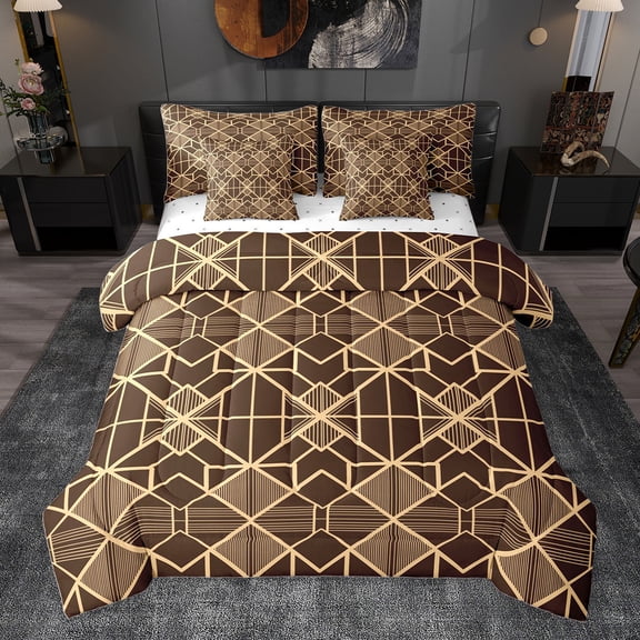 Homewish Fashion Buffalo Plaid Bedding Comforter Set 7pcs, Brown Gold Abstract King Bedding Sets, Teens Adult Men Women Reversible Bed Sheets, Breathable Home Decor