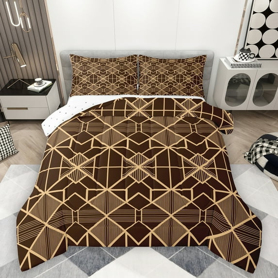 Homewish Fashion Buffalo Plaid Bedding Comforter Set, Brown Gold Abstract Twin Comforter Sets, Teens Adult Men Women Reversible Bedding Set, Breathable Home Decor, 2 Pieces