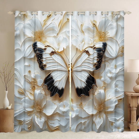 Homewish Fashion Butterfly Women Curtains Pack of 2 (42x84 Each), Romantic Animal Curtains Blackout, White Gold Flower Floral Bedroom Curtains, Curtains and Drapes Decor