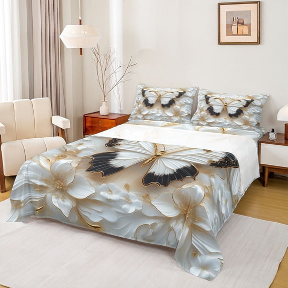 Homewish Fashion Butterfly Women Queen Sheet Sets, Romantic Animal Flat Sheet, White Gold Flower Floral Queen Fitted Sheet, Luxury Bedroom Decor, 4-Piece