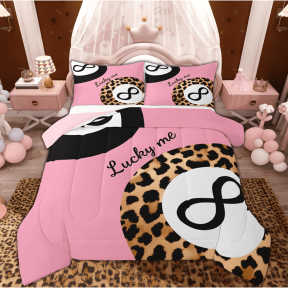 Manfei Fashion Cheetah Print Queen Comforter Set for Kids Girls, Cartoon Billiards Print Bedding Sets, Pink Reversible, 3pcs