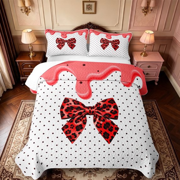 Manfei Fashion Classic Leopard Bow Quilt Full,Watercolor Cream Drip Full Bedspread Sets,3pcs,1 Coverlet and 2 Pillowcases