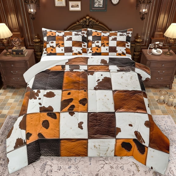 Manfei Fashion Cow Print Queen Comforter Set, Rusrtic Farmhouse Bedding Sets, Retro Parthwork Plaid Reversible Bedding Comforter Set, Luxury Bedroom Decor, 3pcs