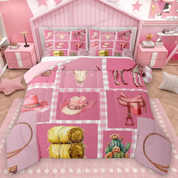 Manfei Fashion Cowgirl Cat Queen Comforter Set, Pink Western Patchwork Bedding Sets, Kawaii Rustic Horse Animal Reversible Bedding Comforter Set, Luxury Bedroom Decor, 3 Pieces
