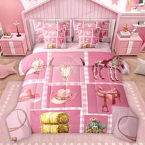 Manfei Fashion Cowgirl Cat Twin Bedding Sets 7-Piece, Pink Western Patchwork Bedding Comforter Set, Kawaii Rustic Horse Animal Reversible Sheet Sets, Luxury Bedroom Decor