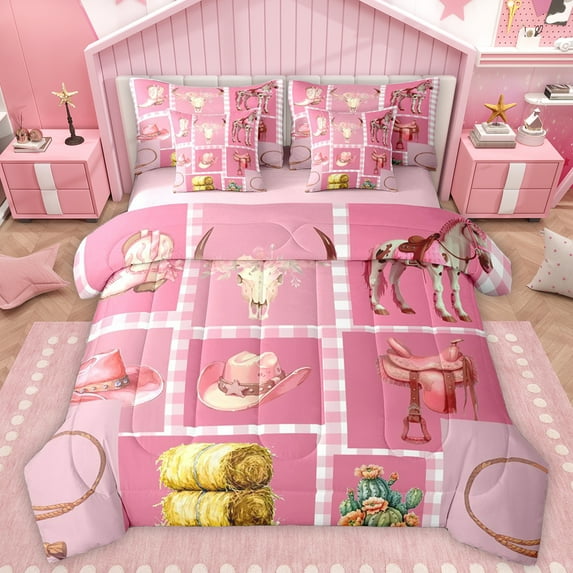 Manfei Fashion Cowgirl Cat Twin Bedding Sets 7-Piece, Pink Western Patchwork Bedding Comforter Set, Kawaii Rustic Horse Animal Reversible Sheet Sets, Luxury Bedroom Decor