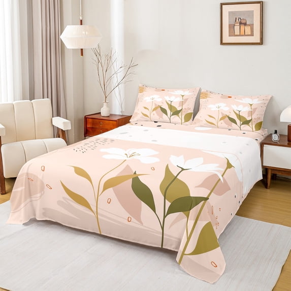Manfei Fashion Flower Print Bed Sheets, Plant Botanical King Sheets, Chic Minimalism Minimalst Sheet Set, Luxury Bedroom Decor, 4pcs