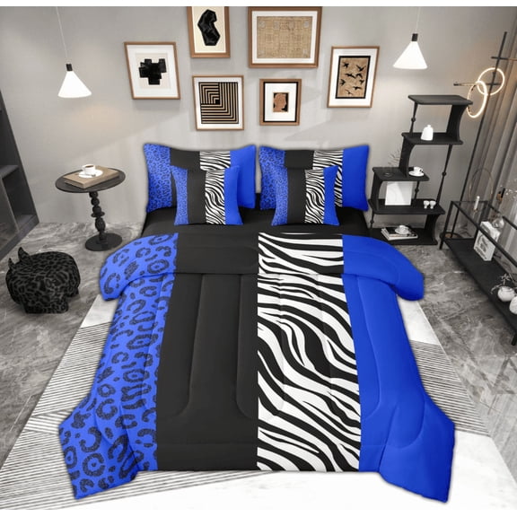 Manfei Fashion Geometric Striped Bedding Comforter Set 7-Piece, Leopard Cheetah Print King Bedding Sets, Modern Abstract Style Reversible Bed Sheets, Lightweight Room Decor